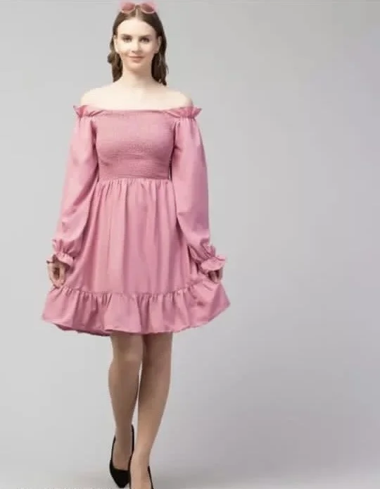 Pink Solid Off-Shoulder Ruffled A-Line Mini Dress | Women’s Casual & Party Wear